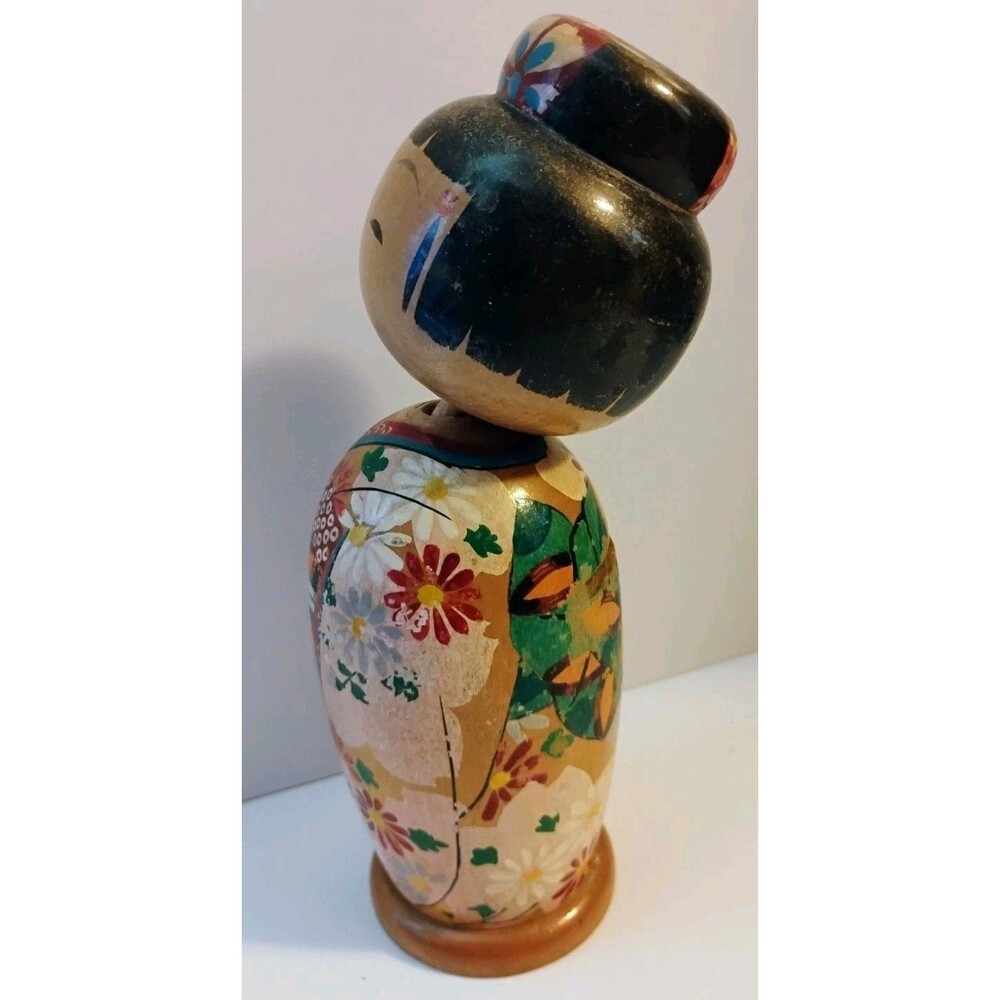Vintage Japanese Kokeshi Bobblehead Doll Bank 8" Wood Painted Kimono Nodder - Picture 5 of 7